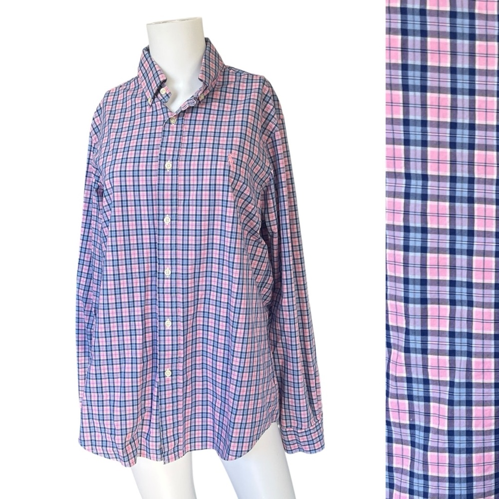 Ralph Lauren Classic Fit Plaid Button Up Shirt Cotton Pink Blue Mens Size Medium